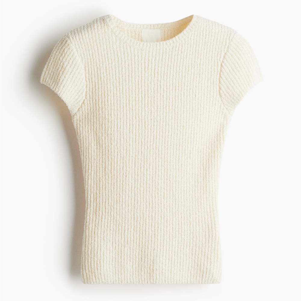 H&M Women’s Fine Knit Cream Textured Short Sleeve Top XL
